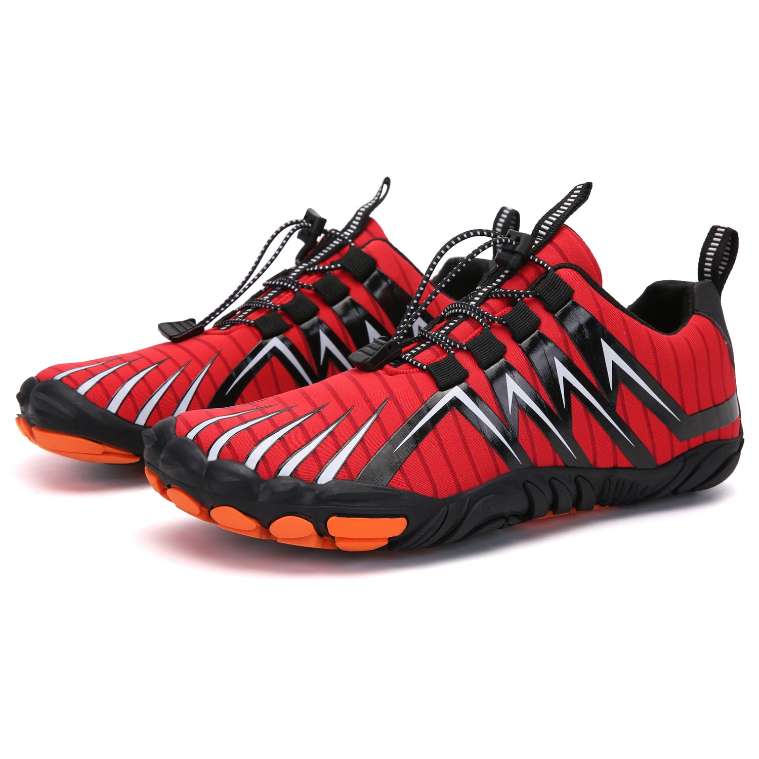 Chaussures pieds nus Grounda Yuhmae en version rouge et noire avec détails orange conçues pour les amateurs de style sportif offrant une semelle fine et souple pour une marche naturelle un confort durable une meilleure posture et une liberté de mouvement sans contrainte dans un design moderne et performant