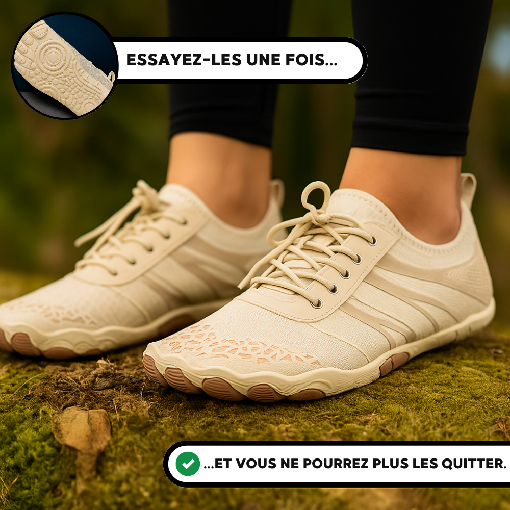 Comparaison avant-aprĂšs de pieds ayant retrouvĂ© une forme naturelle et un alignement des orteils plus sain aprĂšs quelques semaines dâutilisation des chaussures minimalistes VitaStep de Yuhmae illustrant lâefficacitĂ© visible sur la posture et la santĂ© plantaire