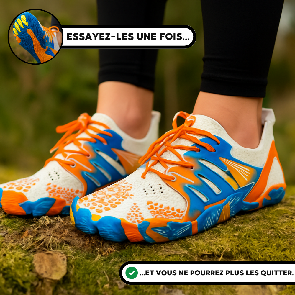 chaussure terraflex aux couleurs orange et bleue portée en extérieur, conçue pour offrir un confort pieds nus exceptionnel. Ce modÚle minimaliste est ultra-léger, respirant et améliore la posture naturelle du pied. Adaptée aux activités extérieures, elle réduit la fatigue et les douleurs plantaires tout en assurant une liberté de mouvement optimale. Validée par des podologues, cette chaussure durable est parfaite pour un usage quotidien, garantissant confort naturel et performance tout au long de la journée