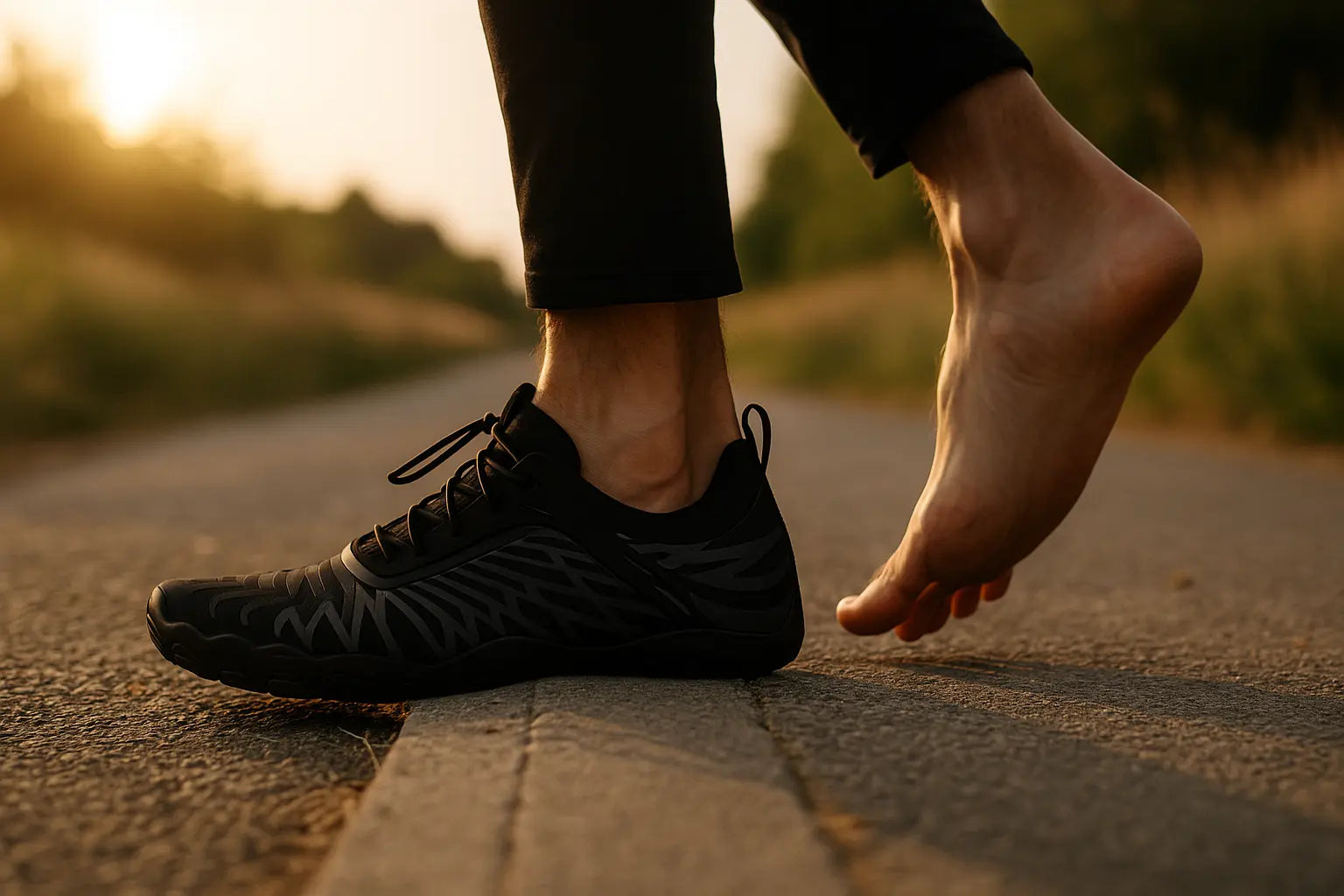 Pied nu à côté d’une chaussure barefoot noire Grounda de Yuhmae sur route, illustrant la transition vers la marche naturelle sans erreurs fréquentes des débutants.